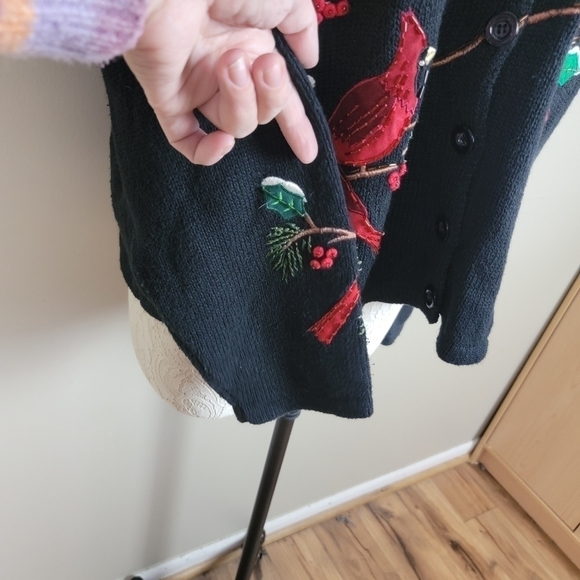 Tiara International Christmas Cardinal Beaded Fur Collar Black Cardigan Sweater - Picture 3 of 16